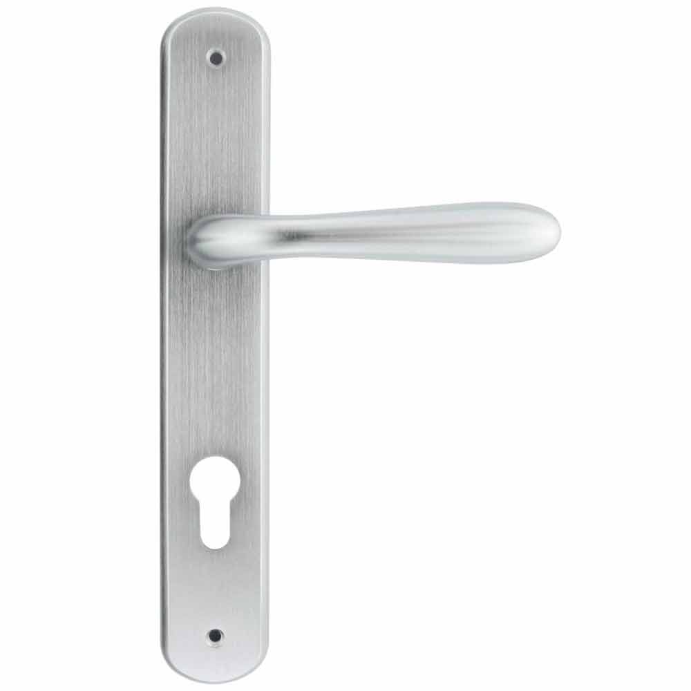 Maniglia con placca cromo satinato mm.85 mod. GOCCIA foro cilindro tipo yale per porte interne