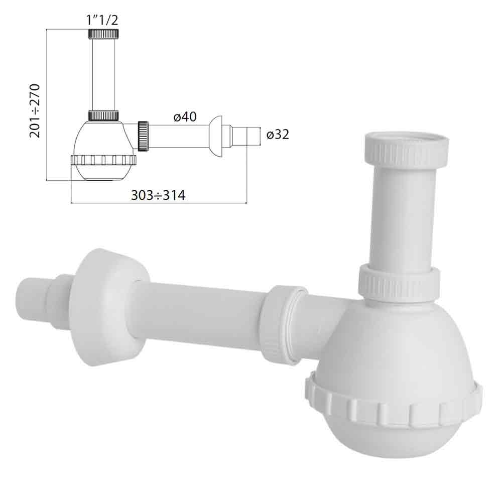 Sifone pvc 1 via 1"1/2 bianco senza piletta per lavello cucina MARYPLAST S500