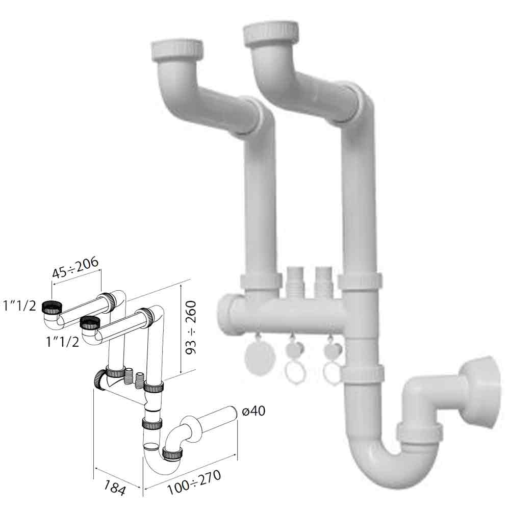 Sifone pvc salvaspazio 2 vie 11/2 ispezionabile per lavello cucina con  doppio attacco lavatrice/lavastoviglie 