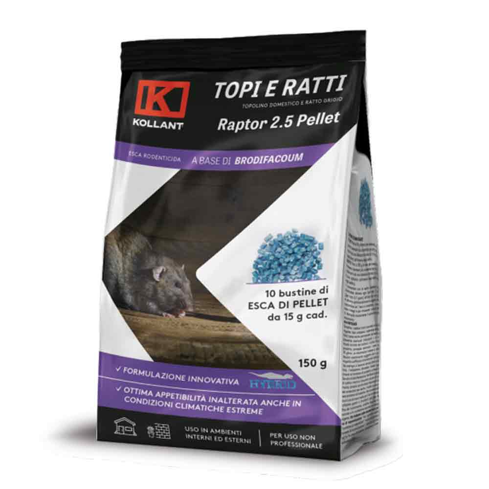 Esca per topi in pellet a base di brodifacoum gr.150 RAPTOR 2.5 PELLET KOLLANT