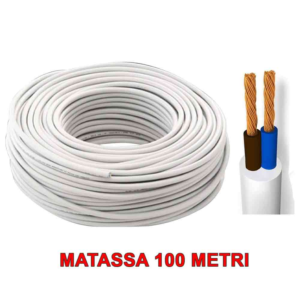 Cavo elettrico bipolare gommato tondo 2 x 1 mmq. H05VV-F bianco matassa mt.100