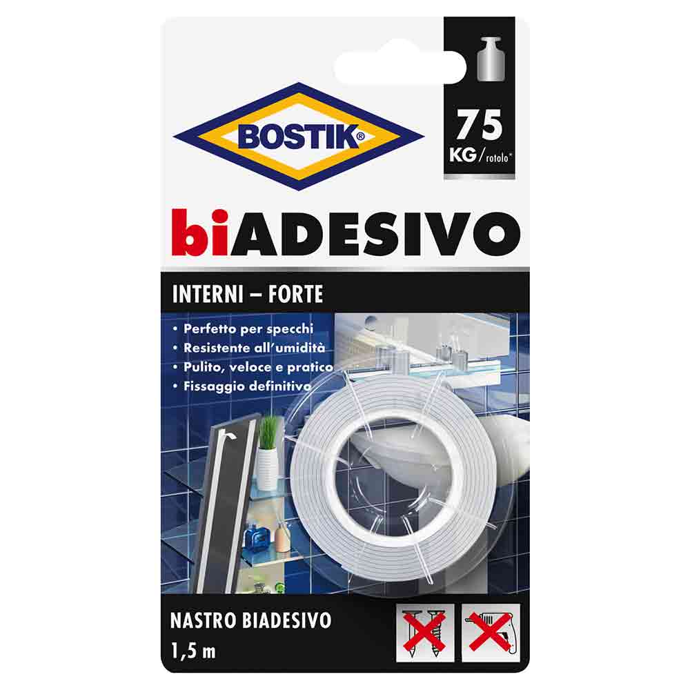 Nastro biadesivo in schiuma extra forte per interni mm.19 x 1,5 mt. BOSTIK portata 75 kg.