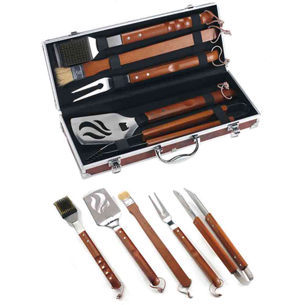 Set utensili per barbecue 5 pezzi in acciaio inox con manico in legno e valigetta OMPAGRILL