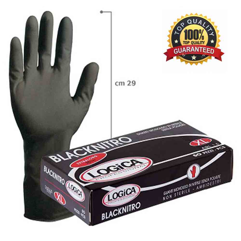 Guanti monouso professionali in nitrile nero super resistenti extra lunghi cm.30 LOGICA BLACKNITRO cf.50 pz. varie taglie