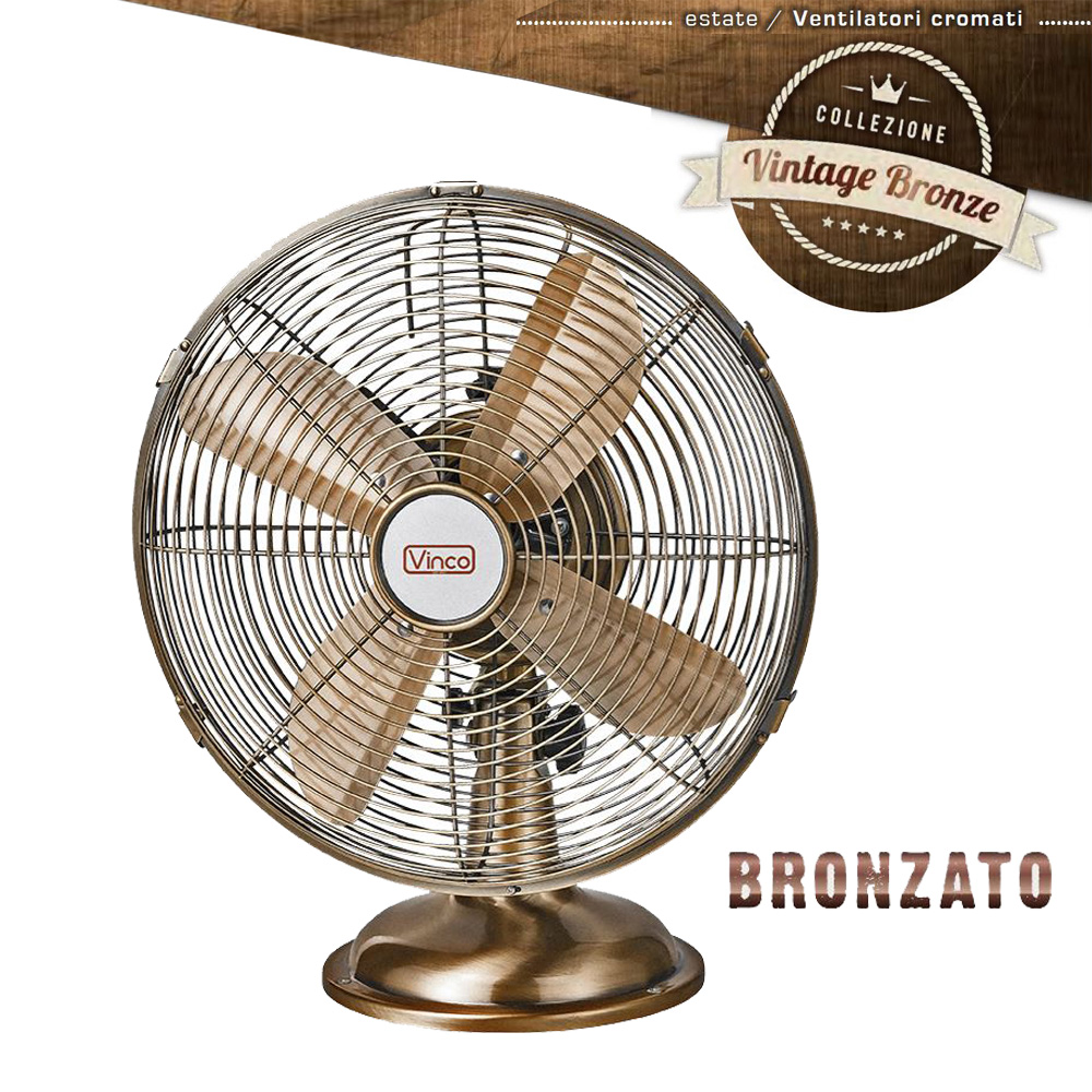 Ventilatore da appoggio vintage bronzato con base tonda 50W cm.40 oscillante VINCO 70617