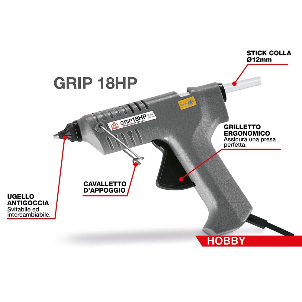 Pistola incollatrice professionale MAESTRI GRIP 18HP pistola termocollante 60W per stik colla ø11/12 mm.