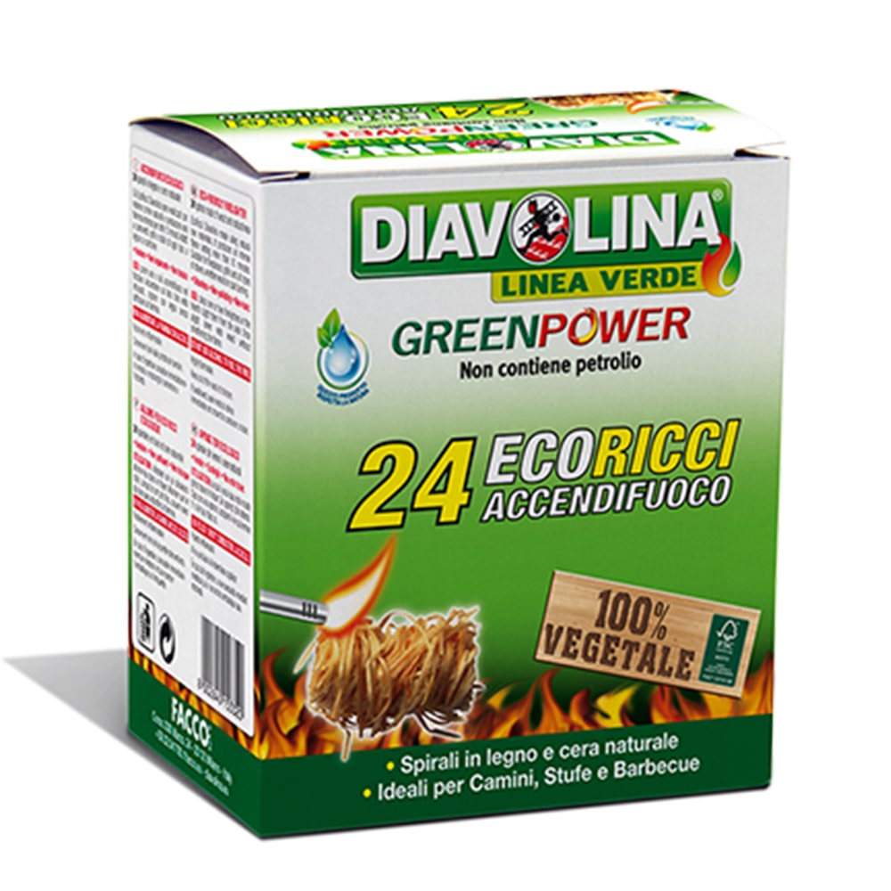 Accendifuoco DIAVOLINA ECO RICCI 100% vegetale cf.24 spirali in legno di abete e cera naturale