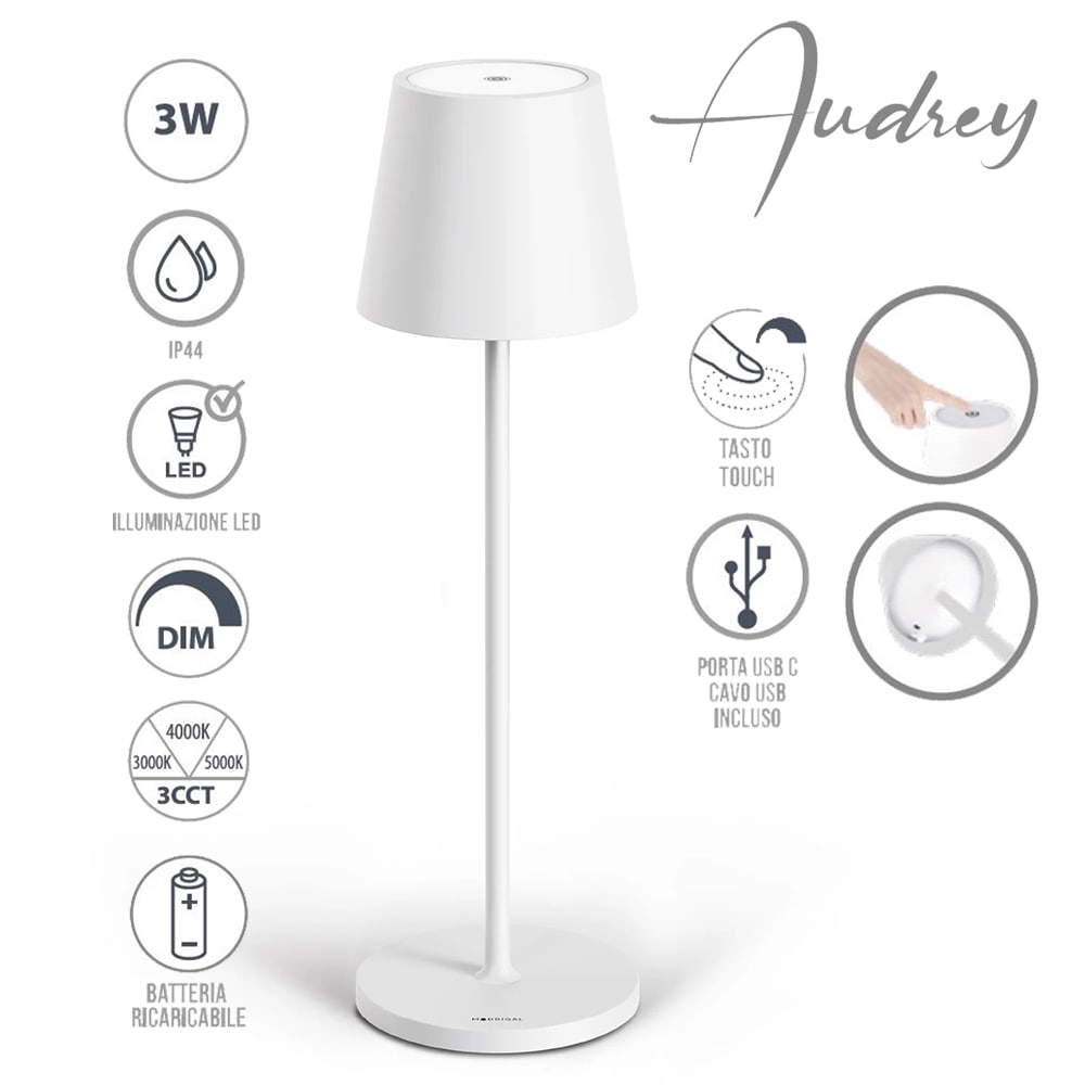 Lampada led da tavolo ricaricabile AUDREY bianca con intensità luminosa e tonalità di luce regolabile