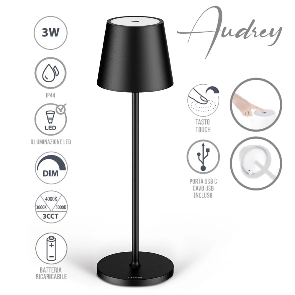 Lampada led da tavolo ricaricabile AUDREY nera con intensità luminosa e tonalità di luce regolabile