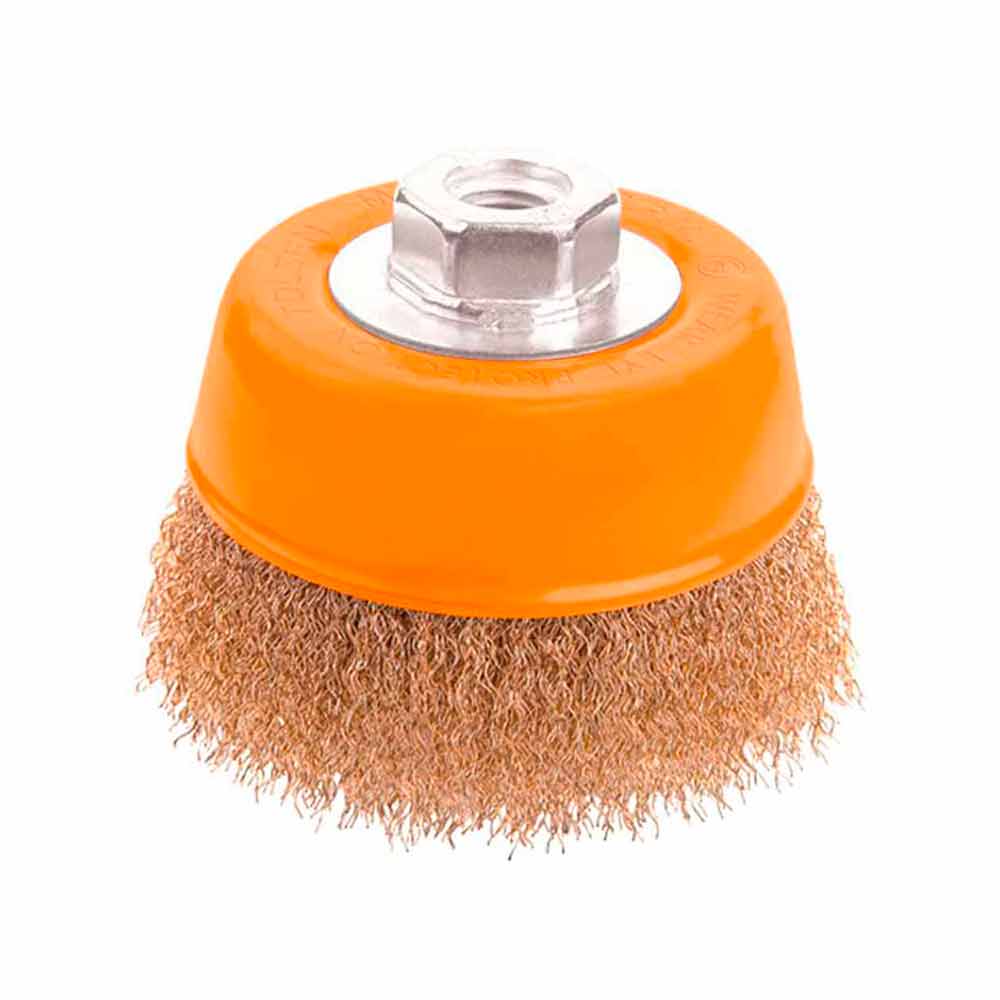 Spazzola a tazza mm.75 con fili acciaio filettatura M14 per smerigliatrice TOLSEN 77601