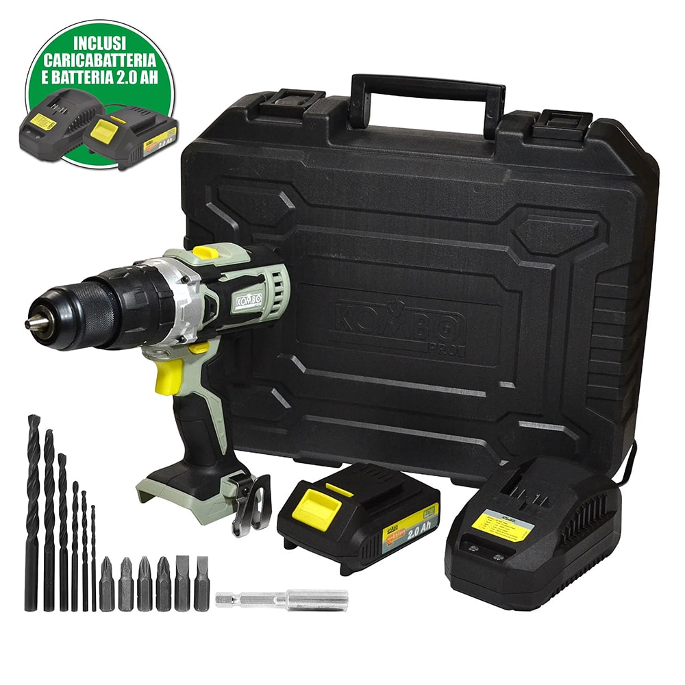 Trapano avvitatore a batteria 20V 2Ah KOMBO PRO percussione con valigetta e kit accessori