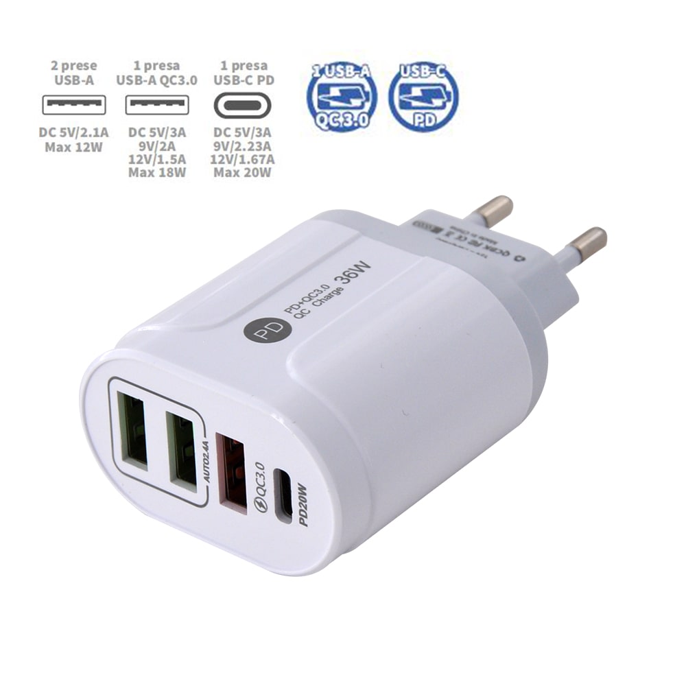 Caricatore alimentatore USB 4 ingressi 3 USB-A e 1 USB-C CFG ES133