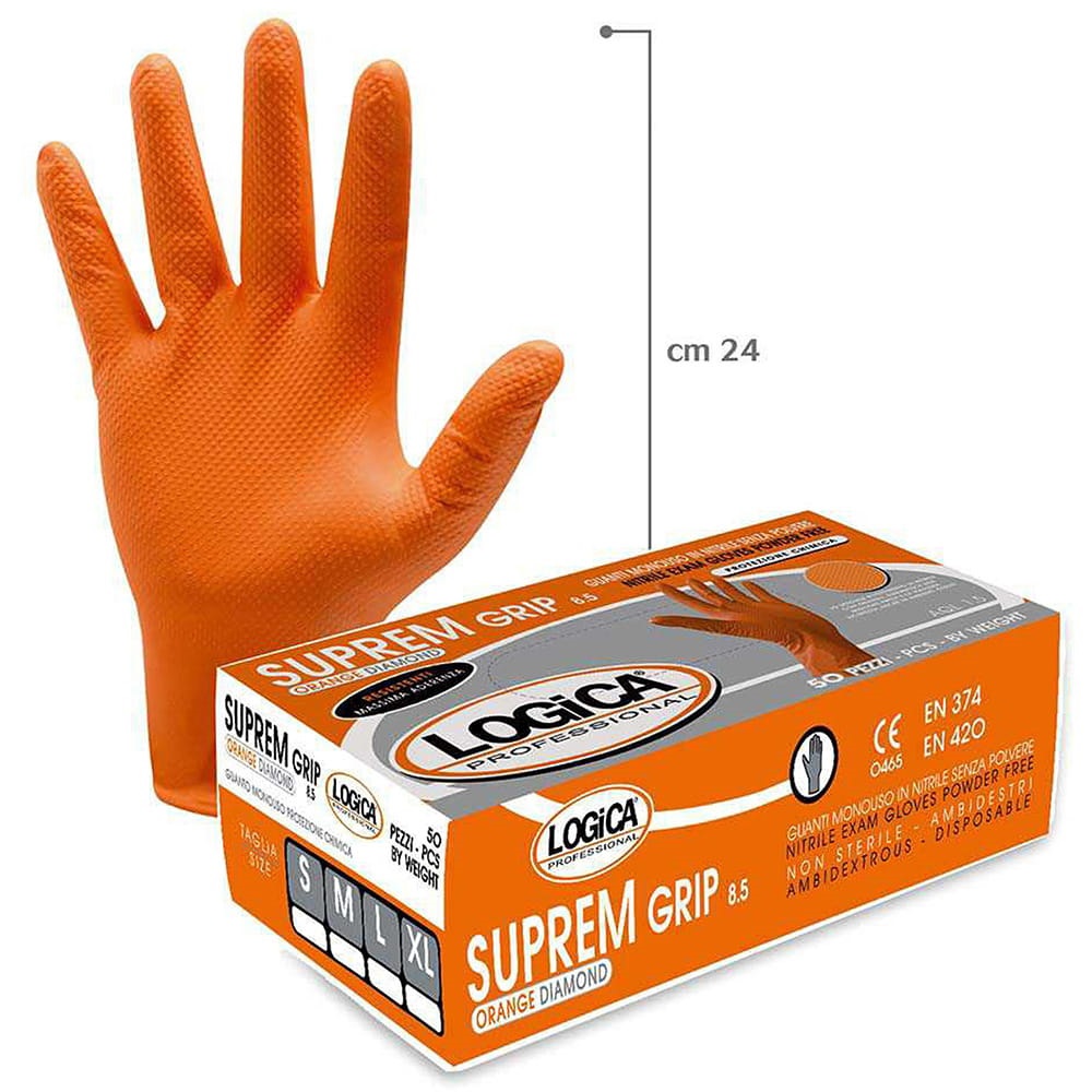 Guanti monouso professionali in nitrile arancio diamantato puntinato LOGICA SUPREM8 cf.50 pz.