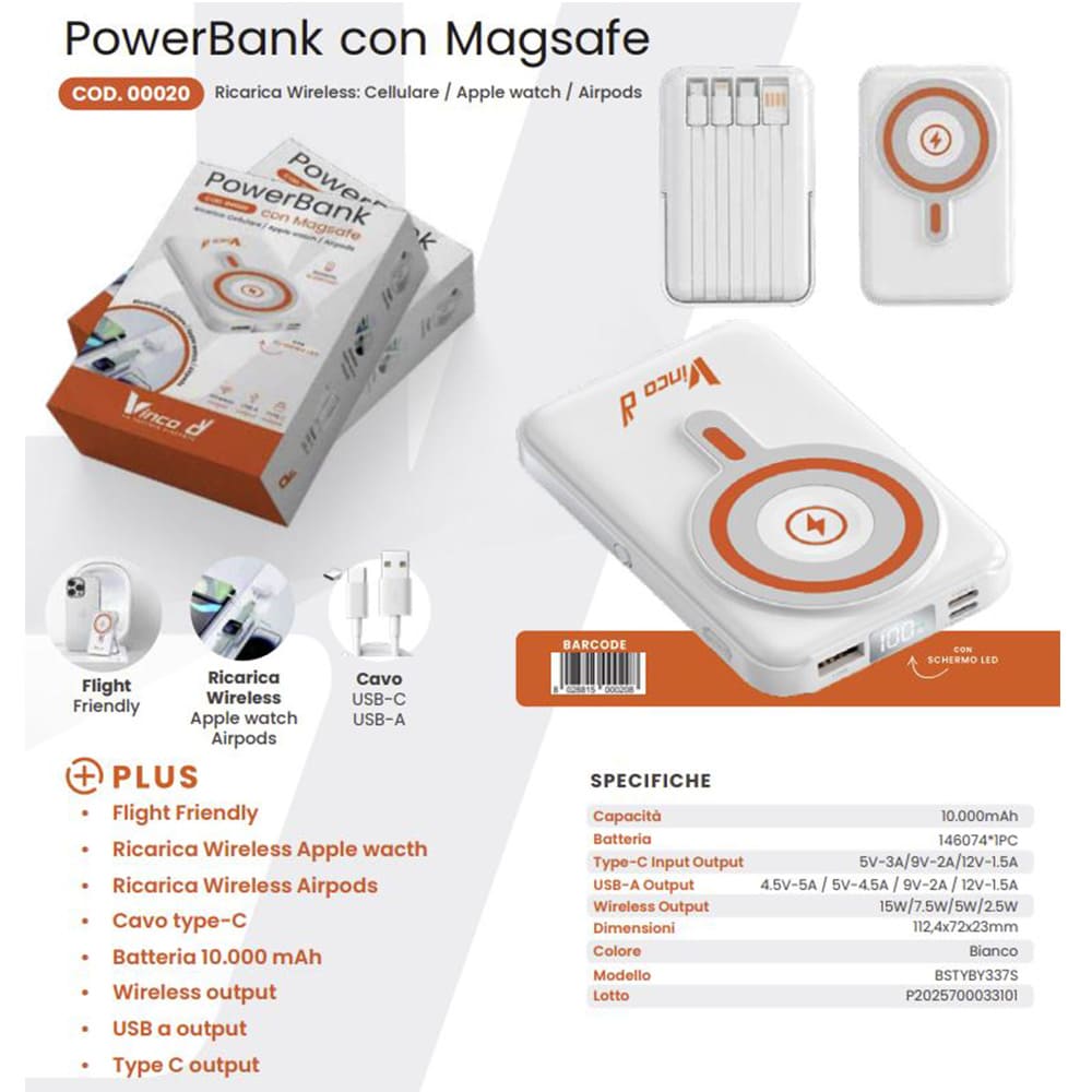 Powerbank universale 10.000 mAh con MagSafe per ricarica wireless VINCO 00020