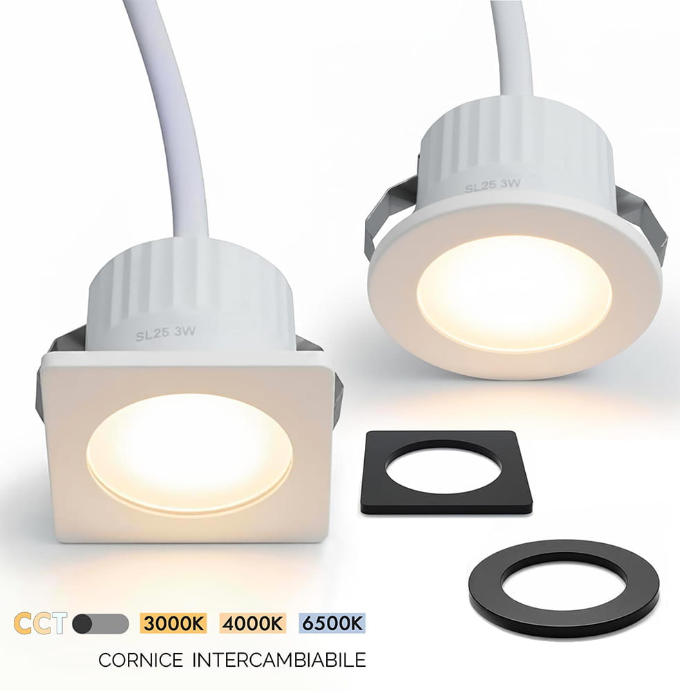 Mini faretto LED incasso 3W LORD con selettore 3CCT 3000/4000/6000K e 4 cornici intercambiabili