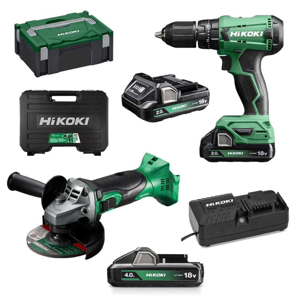 Kit promo combo hikoki 18v trapano con percussione dv18da + smerigliatrice g18dsl2 + 2 batt. 2ah + 1 batt. 4ah + 2 valigette