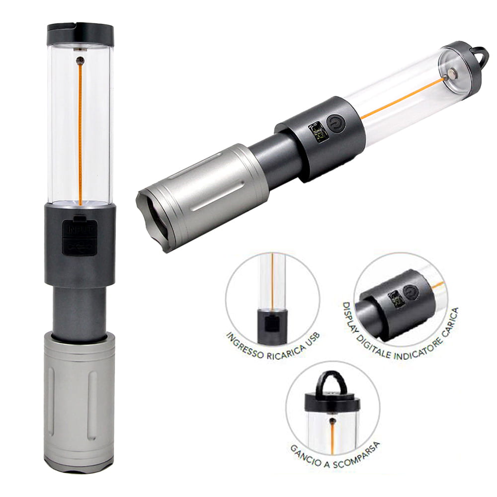 Torcia led ricaricabile in alluminio BAO LED CFG EL202 a doppia illuminazione con filamento magnetico