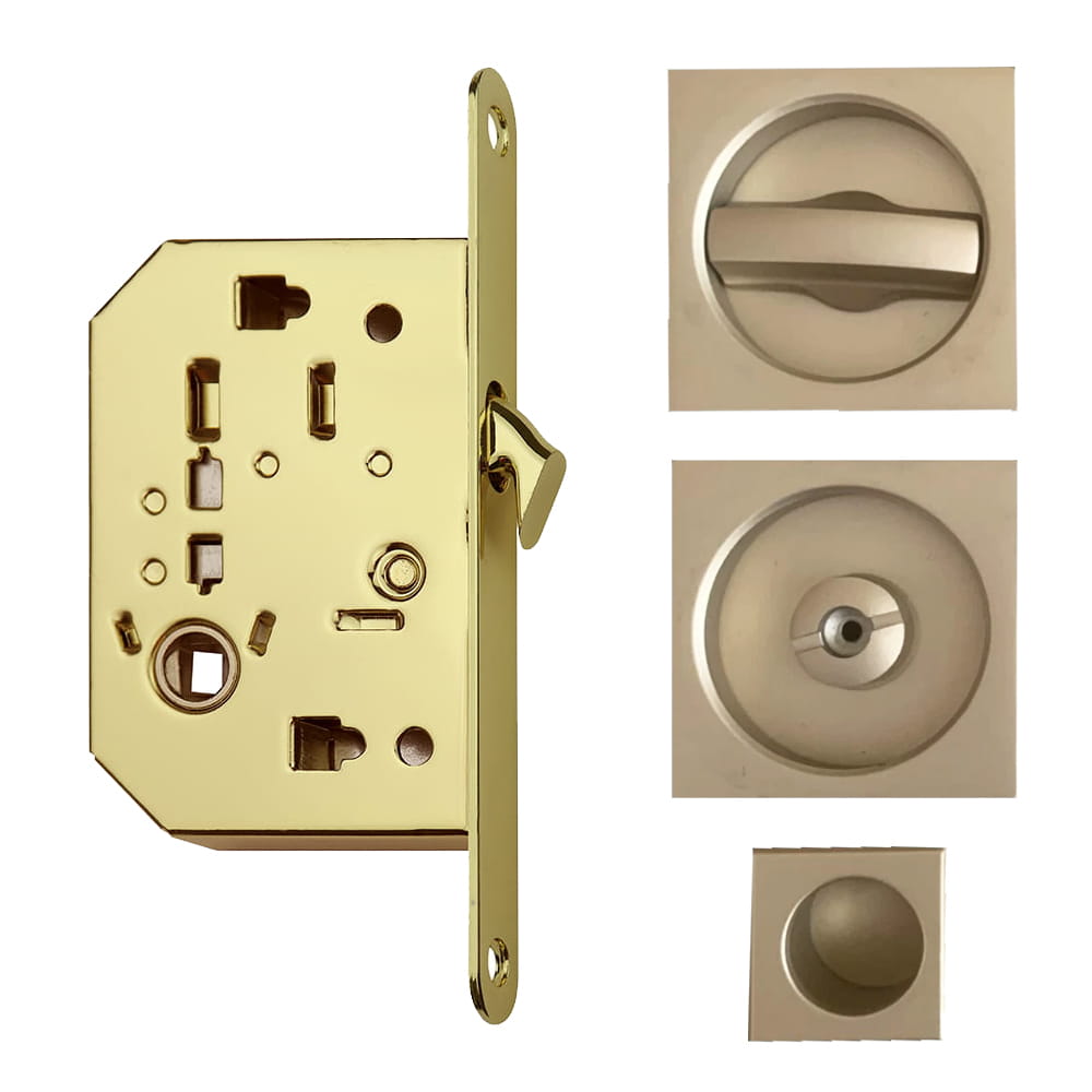Kit porta scorrevole FIMET con serratura e nicchie quadre con nottolino oro satinato