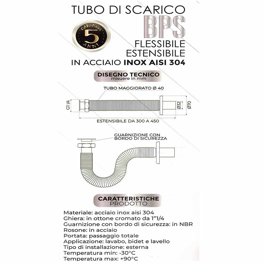 Tubo di scarico estensibile con ghiera cromata per lavabo/bidet 1