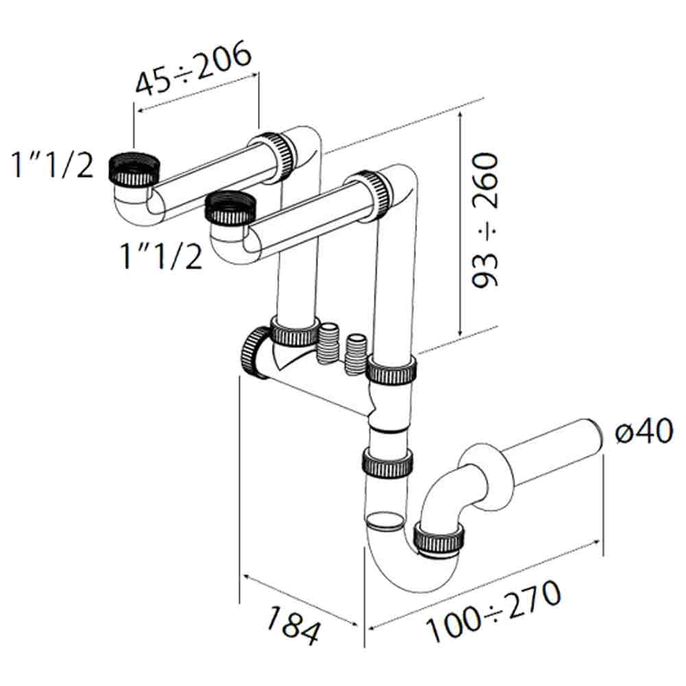 SIFONE LAVELLO PVC SCARICO LAVELLO CUCINA 2 VASCHE ATTACCHI 1.1/2 X ø40  mm.
